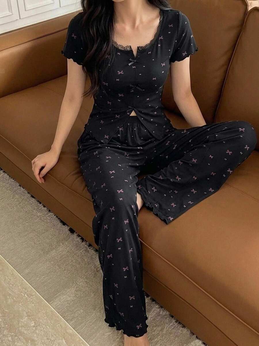 DAZY 2件組蕾絲拼接短袖開襟上衣與直筒長款睡褲夏季女款睡衣套裝 - 黑色 - 查看 1