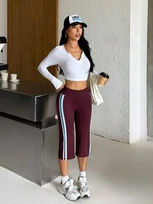 Muchica Women's Burgundy High Waist Biker Double Side Stripes Slimming Booty Lift Squat Proof Compression Sports Pants Gym Yoga Running Activewear Leggings - Chocolate Brown - View 8