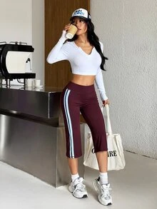 Muchica Women's Burgundy High Waist Biker Double Side Stripes Slimming Booty Lift Squat Proof Compression Sports Pants Gym Yoga Running Activewear Leggings - Chocolate Brown - View 5