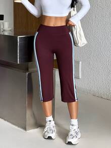 Muchica Women's Burgundy High Waist Biker Double Side Stripes Slimming Booty Lift Squat Proof Compression Sports Pants Gym Yoga Running Activewear Leggings - Chocolate Brown - View 9