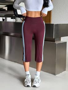 Muchica Women's Burgundy High Waist Biker Double Side Stripes Slimming Booty Lift Squat Proof Compression Sports Pants Gym Yoga Running Activewear Leggings - Chocolate Brown - View 7