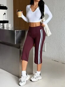 Muchica Women's Burgundy High Waist Biker Double Side Stripes Slimming Booty Lift Squat Proof Compression Sports Pants Gym Yoga Running Activewear Leggings - Chocolate Brown - View 6