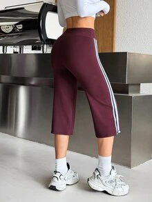 Muchica Women's Burgundy High Waist Biker Double Side Stripes Slimming Booty Lift Squat Proof Compression Sports Pants Gym Yoga Running Activewear Leggings - Chocolate Brown - View 2