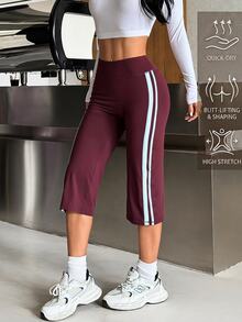 Muchica Women's Burgundy High Waist Biker Double Side Stripes Slimming Booty Lift Squat Proof Compression Sports Pants Gym Yoga Running Activewear Leggings - Chocolate Brown - View 3