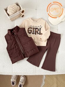SHEIN Playful Pals 3件組女嬰秋季燈芯絨加厚背心、Mama's Girl印花衛衣、鬆緊長褲，巧克力棕與米色，可愛端莊圖案家庭套裝 - 彩色 - 查看 1