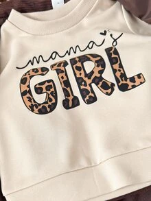 SHEIN Playful Pals 3件組女嬰秋季燈芯絨加厚背心、Mama's Girl印花衛衣、鬆緊長褲，巧克力棕與米色，可愛端莊圖案家庭套裝 - 彩色 - 查看 7
