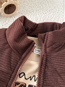 SHEIN Playful Pals 3件組女嬰秋季燈芯絨加厚背心、Mama's Girl印花衛衣、鬆緊長褲，巧克力棕與米色，可愛端莊圖案家庭套裝 - 彩色 - 查看 11