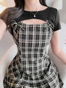 FRIFUL 女款拼接格紋前綁帶鏤空設計時尚休閒學院風可愛短洋裝，黑色格紋，適合夏季約會、日常與校園穿搭 - 黑色 - 查看 5