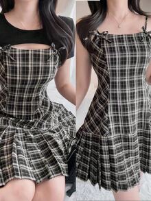 FRIFUL 女款拼接格紋前綁帶鏤空設計時尚休閒學院風可愛短洋裝，黑色格紋，適合夏季約會、日常與校園穿搭 - 黑色 - 查看 3