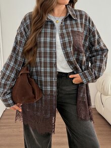 SHEIN LUNE 大尺碼女款對比蕾絲格紋長袖單排扣休閒襯衫 1960s 1920s 90s 風格 棕色 秋冬約會早午餐約會之夜 - 彩色 - 查看 3