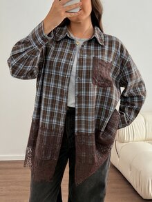 SHEIN LUNE 大尺碼女款對比蕾絲格紋長袖單排扣休閒襯衫 1960s 1920s 90s 風格 棕色 秋冬約會早午餐約會之夜 - 彩色 - 查看 5