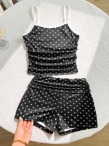 SHEIN Tween Girl Casual Fashion Polka Dot Camisole With Side Ruched Detail And Ruched Waist Cropped Fitted Shorts Set, Kids Fashion Outfit - Black and White - View 3