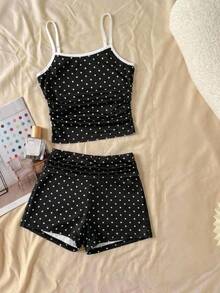SHEIN Tween Girl Casual Fashion Polka Dot Camisole With Side Ruched Detail And Ruched Waist Cropped Fitted Shorts Set, Kids Fashion Outfit - Black and White - View 1