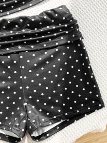 SHEIN Tween Girl Casual Fashion Polka Dot Camisole With Side Ruched Detail And Ruched Waist Cropped Fitted Shorts Set, Kids Fashion Outfit - Black and White - View 4
