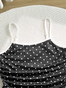 SHEIN Tween Girl Casual Fashion Polka Dot Camisole With Side Ruched Detail And Ruched Waist Cropped Fitted Shorts Set, Kids Fashion Outfit - Black and White - View 6