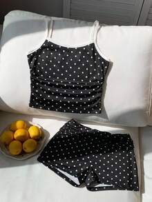 SHEIN Tween Girl Casual Fashion Polka Dot Camisole With Side Ruched Detail And Ruched Waist Cropped Fitted Shorts Set, Kids Fashion Outfit - Black and White - View 2