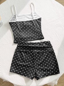 SHEIN Tween Girl Casual Fashion Polka Dot Camisole With Side Ruched Detail And Ruched Waist Cropped Fitted Shorts Set, Kids Fashion Outfit - Black and White - View 5
