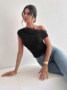 Firerie 女款不對稱肩領紮染印花百褶不對稱領口T恤，印花上衣，不對稱上衣，春夏服飾，沙灘裝，通勤，優雅，性感，度假，海灘，波希米亞，夏威夷，音樂節，浪漫，約會 - 黑色 - 查看 5