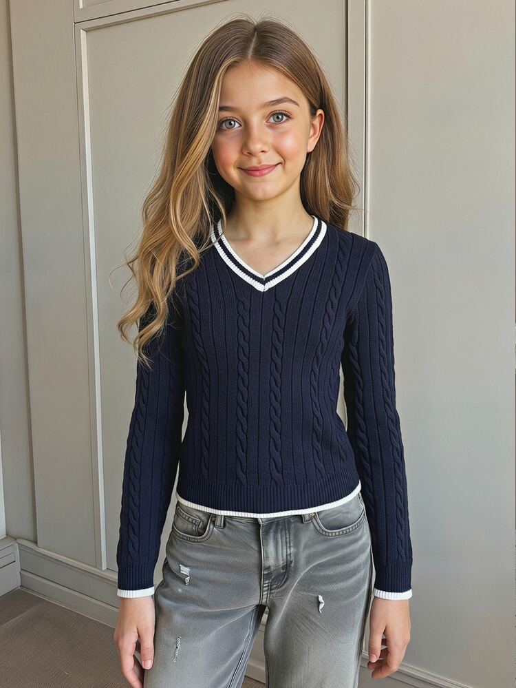 SHEIN Tween Girl Simple Solid Color V-Neck Long Sleeve Pullover Sweater, Casual Daily Wear, Autumn/Winter Long Sleeve Top, Preppy V-Neck Long Sleeve Sweater, Vintage V-Neck Sweater, Back To School Outfit - Navy Blue - View 5