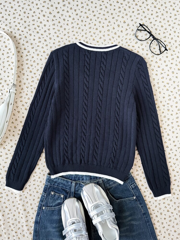 SHEIN Tween Girl Simple Solid Color V-Neck Long Sleeve Pullover Sweater, Casual Daily Wear, Autumn/Winter Long Sleeve Top, Preppy V-Neck Long Sleeve Sweater, Vintage V-Neck Sweater, Back To School Outfit - Navy Blue - View 8