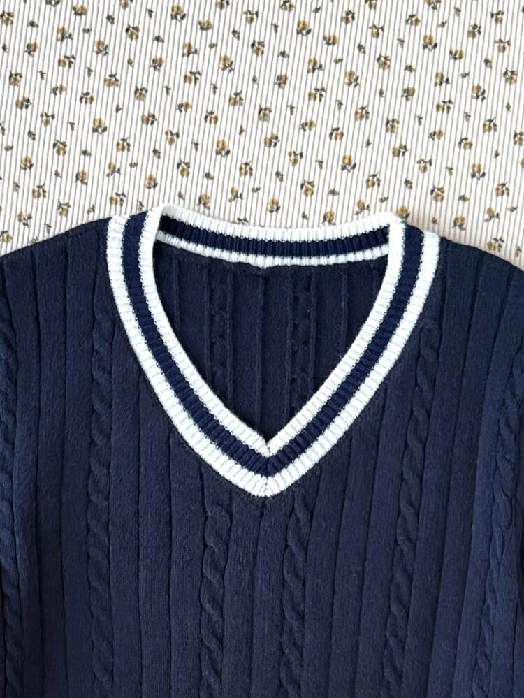 SHEIN Tween Girl Simple Solid Color V-Neck Long Sleeve Pullover Sweater, Casual Daily Wear, Autumn/Winter Long Sleeve Top, Preppy V-Neck Long Sleeve Sweater, Vintage V-Neck Sweater, Back To School Outfit - Navy Blue - View 6