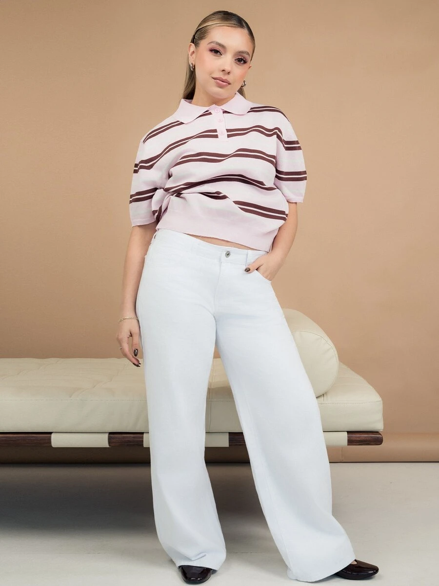 Ximena Robles Ximena Robles 女款休閒條紋 Polo 領短袖針織上衣，可愛學院風外出上衣，夏季短袖上衣 - 彩色 - 查看 1