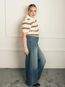Ximena Robles Ximena Robles 女款極簡日常鈕扣條紋短袖針織上衣 黃色 Polo 衫 女式休閒襯衫 T-shirt 條紋 Ytk 服飾復古穿搭夏季 - 鵝黃色 - 查看 5