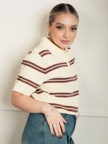Ximena Robles Ximena Robles 女款極簡日常鈕扣條紋短袖針織上衣 黃色 Polo 衫 女式休閒襯衫 T-shirt 條紋 Ytk 服飾復古穿搭夏季 - 鵝黃色 - 查看 4