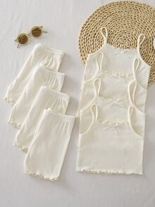 SHEIN 4 Random Sets Random Kids Young Girl Knitted Camisole Top And Elastic Waist Shorts Set - White - View 1