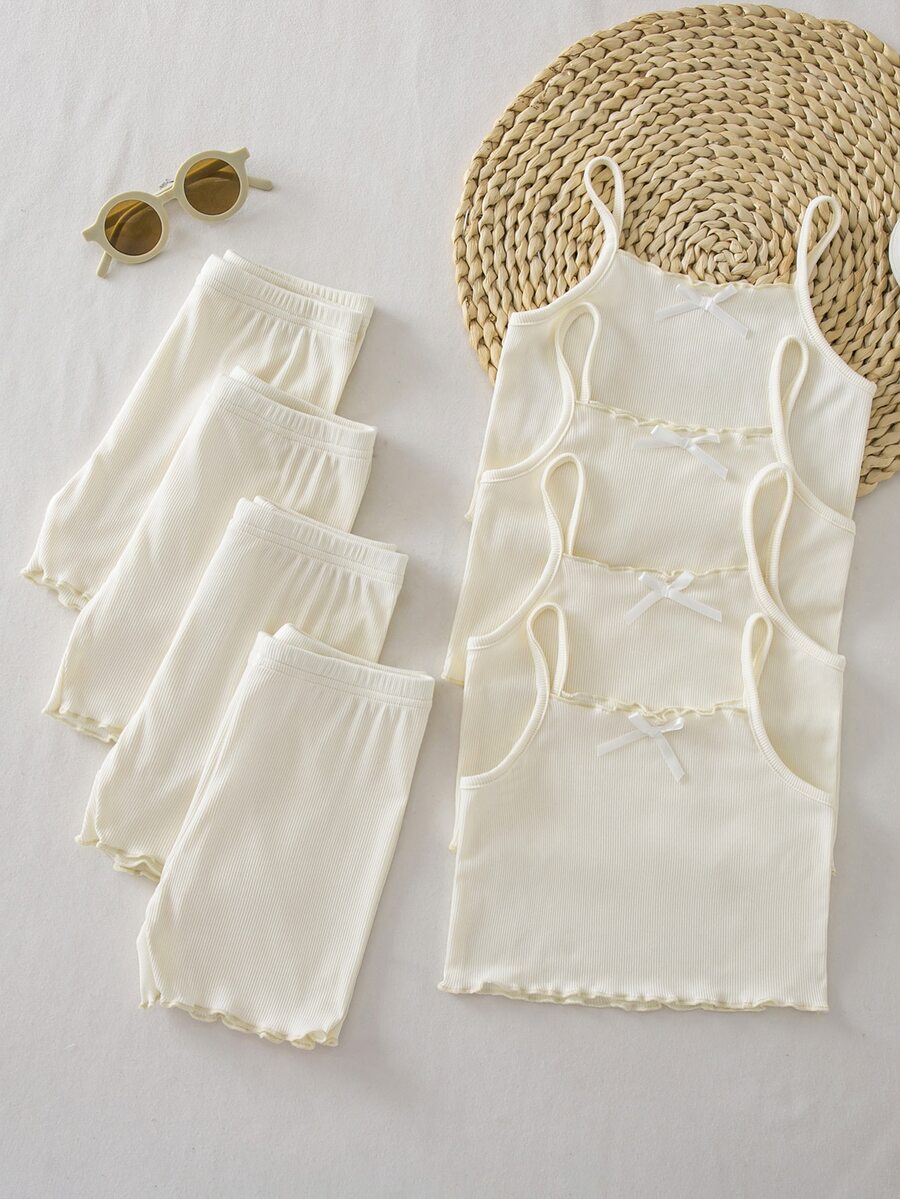 SHEIN 4 Random Sets Random Kids Young Girl Knitted Camisole Top And Elastic Waist Shorts Set - White - View 1