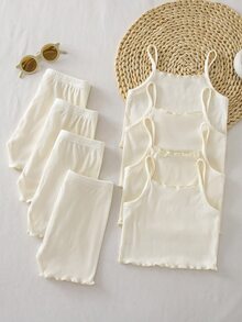 SHEIN 4 Random Sets Random Kids Young Girl Knitted Camisole Top And Elastic Waist Shorts Set - White - View 2