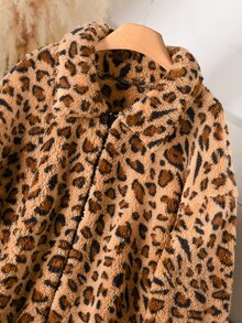 CosyJoli 大尺碼女款豹紋休閒簡約毛茸茸長袖外套，冬季 - 棕色 - 查看 6