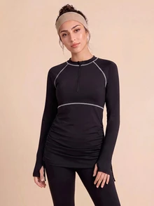 SHEIN Unity Small Mock Neck Top With Front Short Zipper, Side Cinched Waist, Contrast Stitching And Leggings Sports Set. Suitable For Water Sports, Surfing, Beach Vacation. - Black - View 7
