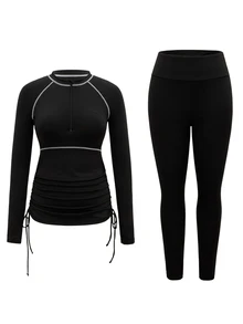 SHEIN Unity Small Mock Neck Top With Front Short Zipper, Side Cinched Waist, Contrast Stitching And Leggings Sports Set. Suitable For Water Sports, Surfing, Beach Vacation. - Black - View 4