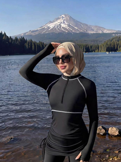 SHEIN Unity Small Mock Neck Top With Front Short Zipper, Side Cinched Waist, Contrast Stitching And Leggings Sports Set. Suitable For Water Sports, Surfing, Beach Vacation.