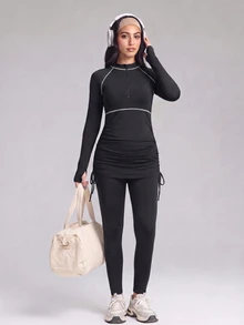 SHEIN Unity Small Mock Neck Top With Front Short Zipper, Side Cinched Waist, Contrast Stitching And Leggings Sports Set. Suitable For Water Sports, Surfing, Beach Vacation. - Black - View 5