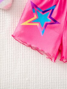 SHEIN 1組隨機款女童時尚可愛卡通K-POP印花漸層淡粉色細肩帶背心短褲親子套裝 - 紫色 - 查看 6