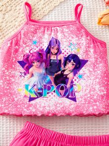 SHEIN 1組隨機款女童時尚可愛卡通K-POP印花漸層淡粉色細肩帶背心短褲親子套裝 - 紫色 - 查看 5