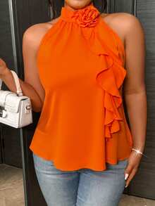 Rometta Plus Size Summer Elegant 3D Floral Ruffle Neck Blouse For New Year - Orange - View 10