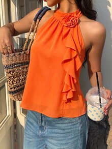 Rometta Plus Size Summer Elegant 3D Floral Ruffle Neck Blouse For New Year - Orange - View 9