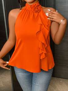 Rometta Plus Size Summer Elegant 3D Floral Ruffle Neck Blouse For New Year - Orange - View 12