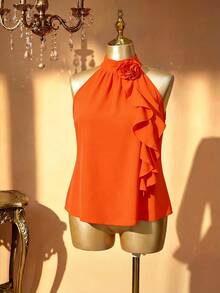 Rometta Plus Size Summer Elegant 3D Floral Ruffle Neck Blouse For New Year - Orange - View 5