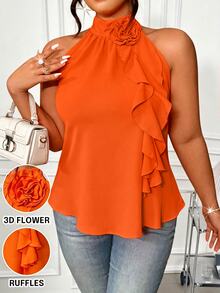 Rometta Plus Size Summer Elegant 3D Floral Ruffle Neck Blouse For New Year - Orange - View 3