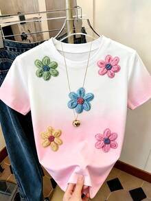 Resyla 女款圓領3D花朵裝飾漸層色休閒百搭日常出遊短袖T恤 - 彩色 - 查看 3