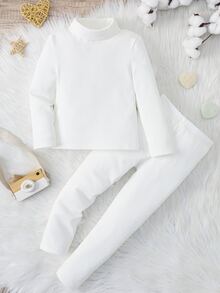 SHEIN 1組隨機款少女秋冬休閒素色高領T恤與內搭褲套裝 - 彩色 - 查看 3