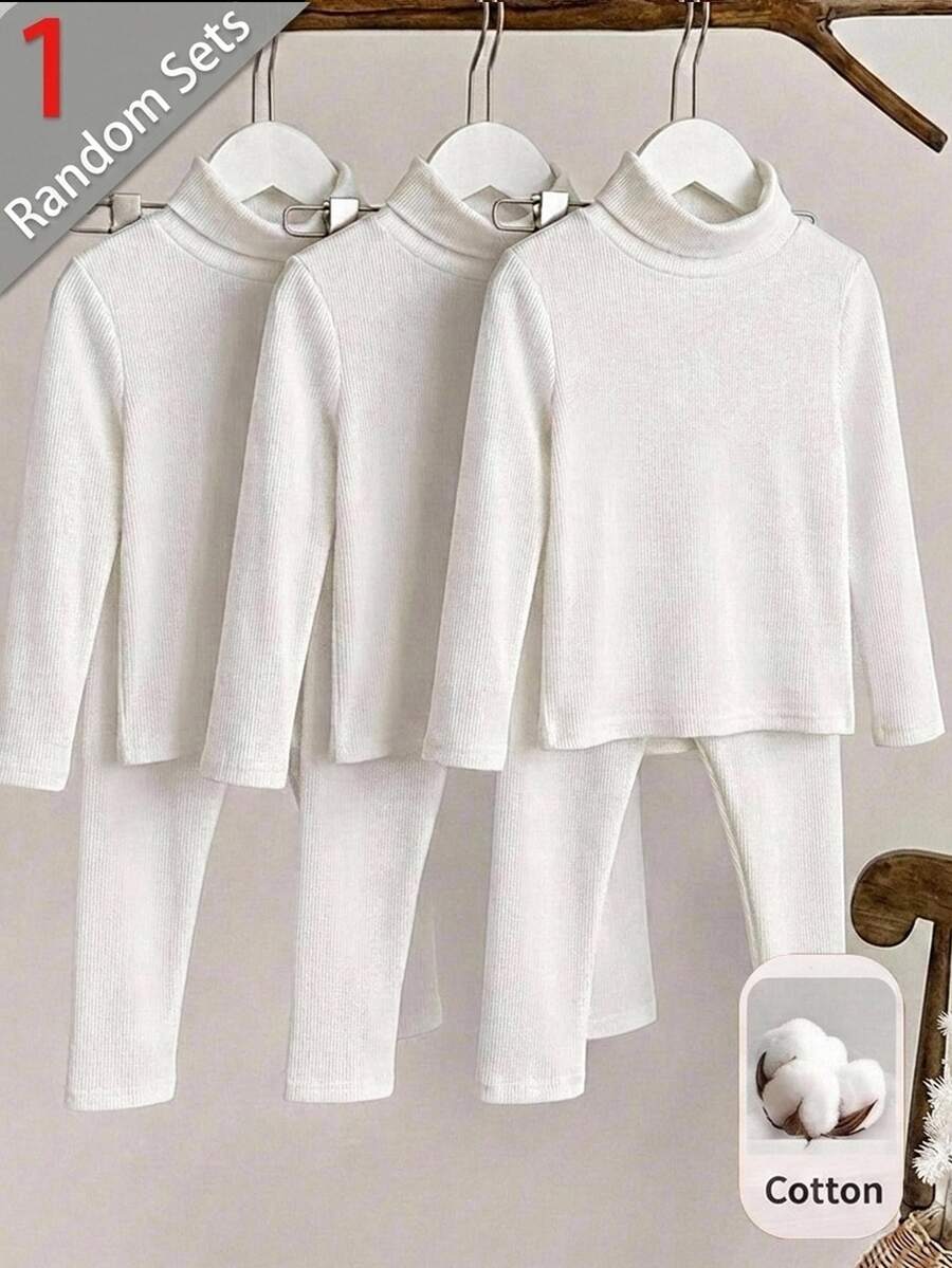 SHEIN 1組隨機款少女秋冬休閒素色高領T恤與內搭褲套裝 - 彩色 - 查看 1