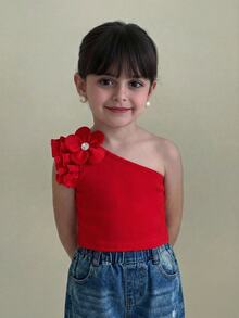 SHEIN LMoss Kids 1 Random Piece Young Girl Summer T-Shirt - Red - View 3