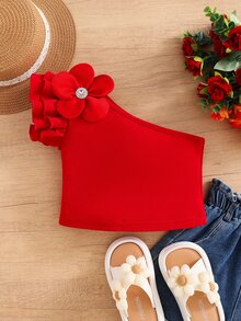SHEIN LMoss Kids 1 Random Piece Young Girl Summer T-Shirt - Red - View 4