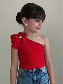 SHEIN LMoss Kids 1 Random Piece Young Girl Summer T-Shirt - Red - View 2