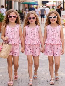 SHEIN Setelan Musim Panas Anak Perempuan Warna Pink Muda, 1 Set Pakaian Anak Perempuan - Merah - View 2